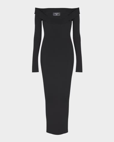 Balmain Double Collar Knit Off-The-Shoulder Zipped Midi Dress