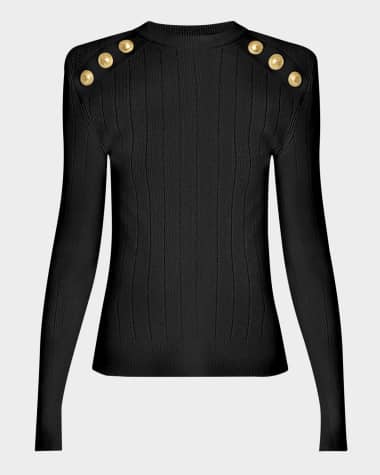 Balmain Button Strong-Shoulder Pointelle Rib Knit Sweater