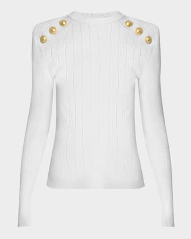 Balmain Button Strong-Shoulder Pointelle Rib Knit Sweater