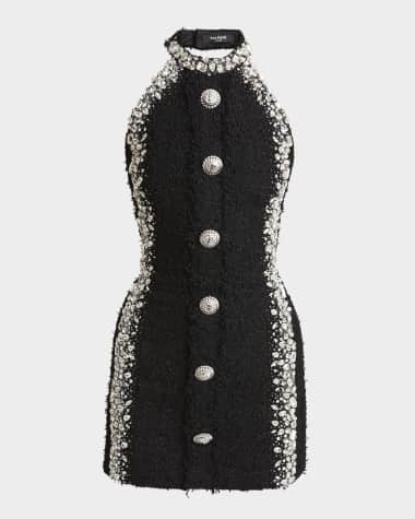 Balmain Button-Front Crystal Boucle Halter Mini Dress