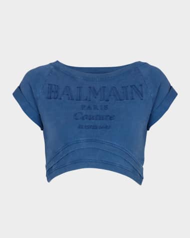 Balmain Logo Embroidered Double Hem Crop T-Shirt