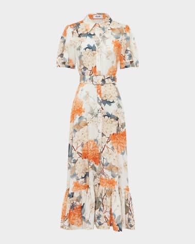 LEO LIN Becca Belted Floral-Print Midi Shirtdress