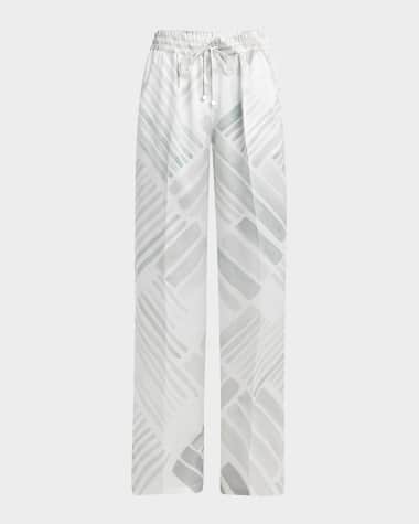 Kiton Abstract-Print Silk Wide-Leg Drawstring Trousers