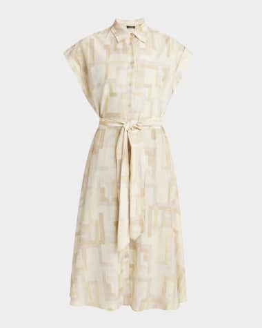 Kiton Abstract-Print Cap-Sleeve Belted Silk Midi Shirtdress