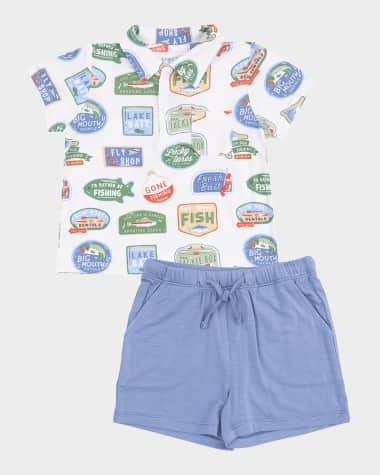 Angel Dear Boy's Bait Shop Signage Polo Shirt & Shorts Set, Size 6M-4T