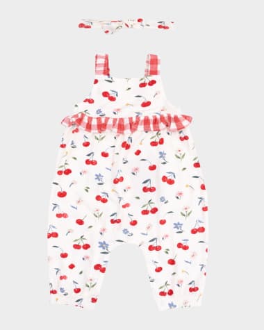 Angel Dear Girl's Watercolor Cherries Printed Romper W/ Knot Headband, Size Newborn-24M