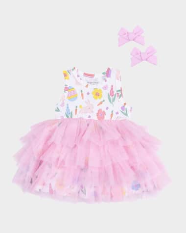 Angel Dear Girl's Easter Bunnies Twirly Tank Tutu Dress W/ Hair Clips, Size 6M-3