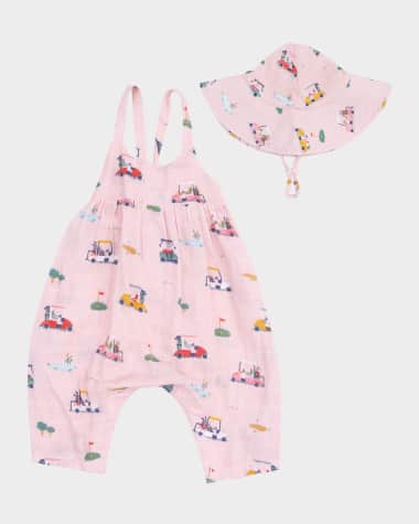 Angel Dear Girl's Golf Carts Cuties Tie Back Romper W/ Sun Hat, Size 3M-24M