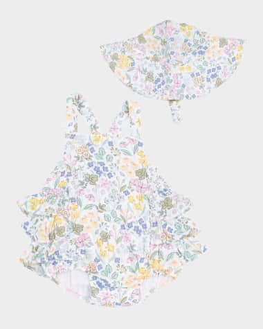 Angel Dear Girl's Samantha Floral-Print Romper W/ Sunhat, Size Newborn-24M