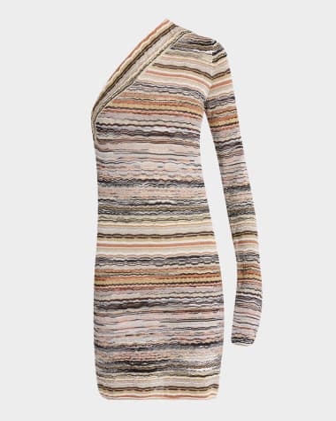 Missoni Metallic Striped One-Shoulder Long-Sleeve Mini Dress