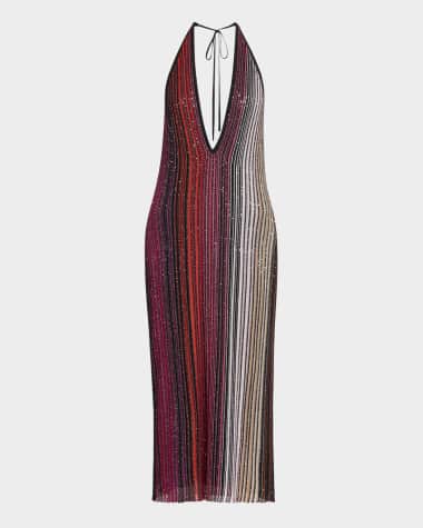 Missoni Paillette Striped Plunging Halter Midi Dress