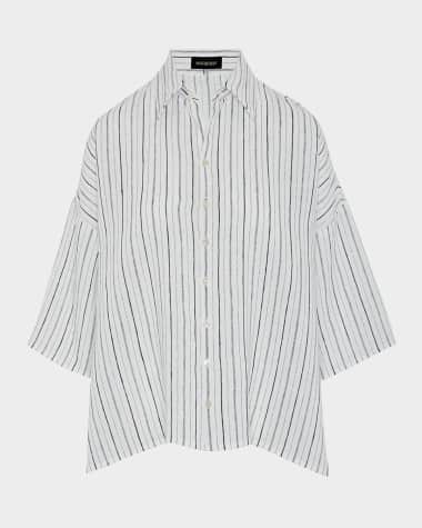Eskandar Sloped Shoulder Wide A-Line Short-Sleeve Shirt With Collar (Mid Length)