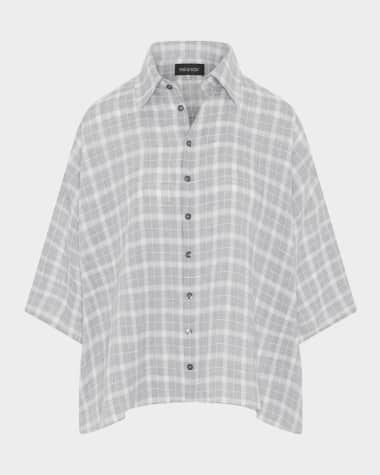 Eskandar Sloped-Shoulder Wide A-Line Short-Sleeve Shirt With Collar (Mid Length)