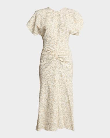Victoria Beckham Gathered-Waist Short-Sleeve Ankle Dress