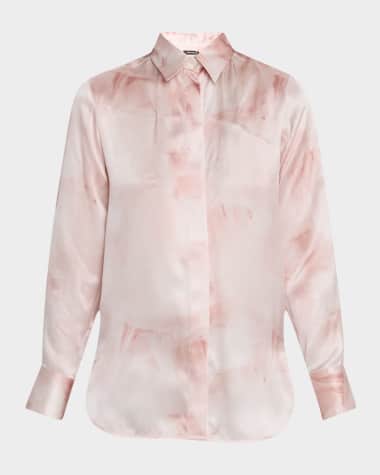 Kiton Neck-Tie Silk Button-Down Blouse