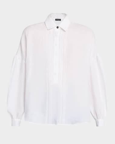 Kiton Pleated Puff-Sleeve Linen Button-Down Shirt