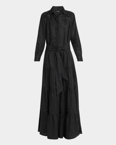 Kiton Beaded Long-Sleeve Tiered Linen Maxi Shirtdress