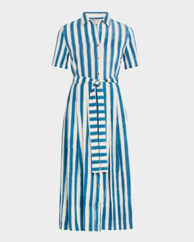 EMPORIO SIRENUSE Claudia Striped Short-Sleeve Belted Midi Shirtdress