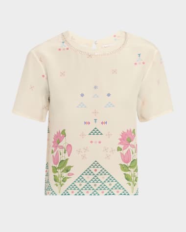 EMPORIO SIRENUSE Gabrielle Crystal-Neck Short-Sleeve Silk Top