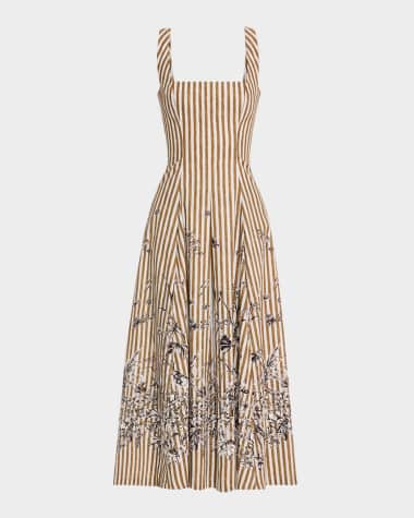 Lela Rose Caitlin Striped Floral-Print Poplin Midi Dress