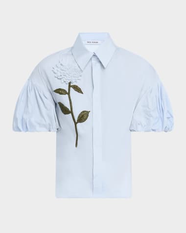 Dice Kayek Flower Embellished Puff-Sleeve Button-Down Shirt