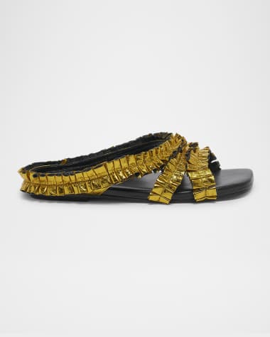 Dries Van Noten Metallic Ruche Ruffled Leather Flat Sandals