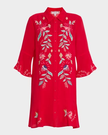 Johnny Was Floral-Embroidered Flounce Mini Shirtdress