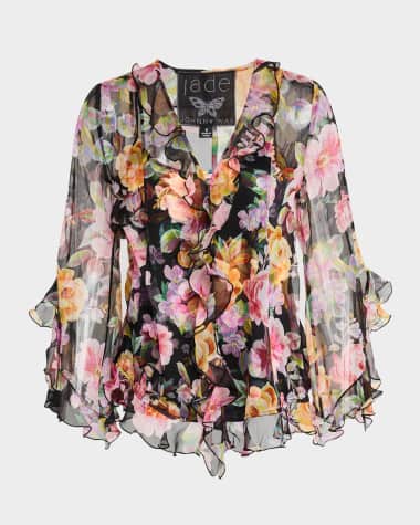 Johnny Was Kylie Floral-Print Ruffle Chiffon Blouse