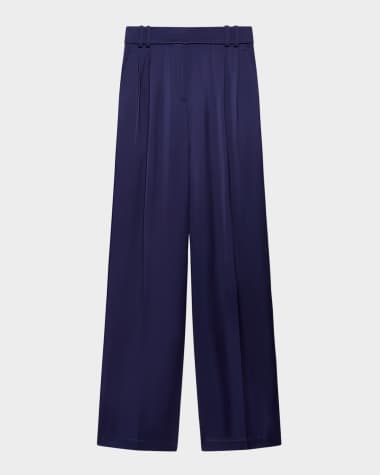 Another Tomorrow Double-Pleated Satin Wide-Leg Trousers