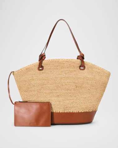 STAUD Squillo Raffia & Leather Tote Bag