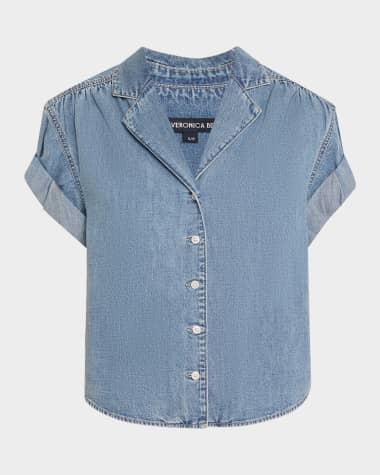 Veronica Beard Ilene Denim Cuff-Sleeve Top