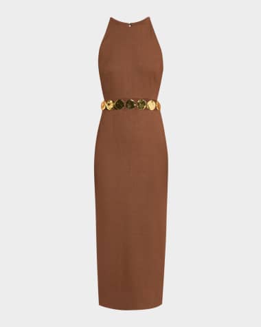 Veronica Beard Isla Gold-Disc Linen Midi Dress