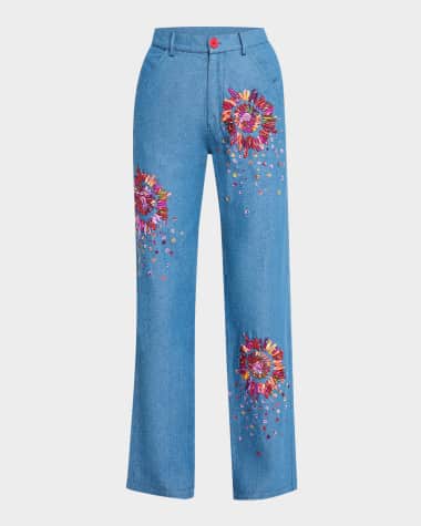 Jonathan Cohen Embroidered Denim Straight-Leg Pants