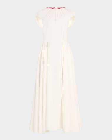 Jonathan Cohen Embroidered Pintuck Puff-Sleeve Midi Dress