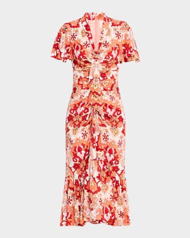 Cinq a Sept Peeta Ruched Damask Midi Dress