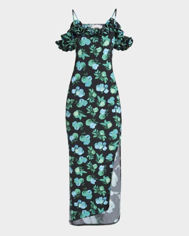 Coperni Apple-Print Ruffle Off-The-Shoulder Midi Dress