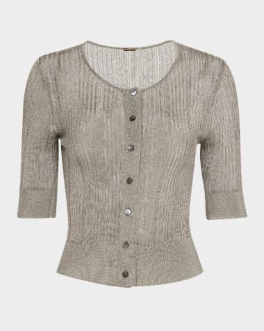 Adam Lippes Metallic Rib Short-Sleeve Cardigan