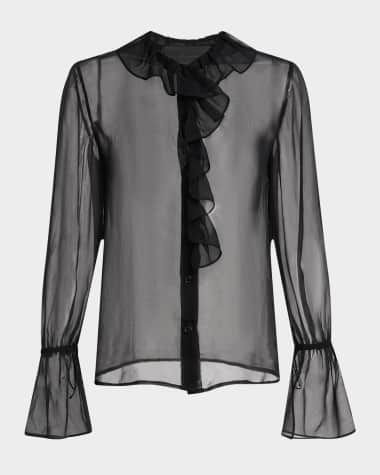 Nili Lotan Kris Silk Sheer Ruffle Front Blouse