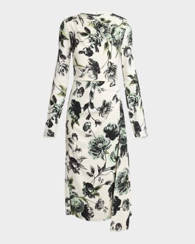 Erdem Floral Draped Long-Sleeve Midi Dress