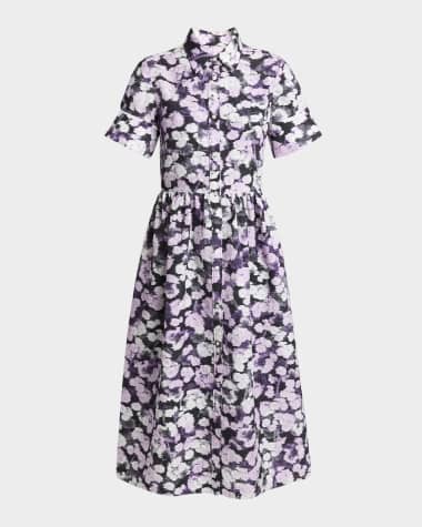Erdem Floral Fit-Flare Short Sleeve Midi Shirtdress