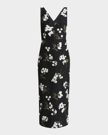 Erdem Floral-Embroidered Crinkle Effect Midi Cocktail Dress