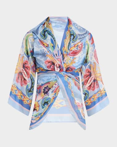 Etro Blue Summer Artwork Silk Wrap Cape