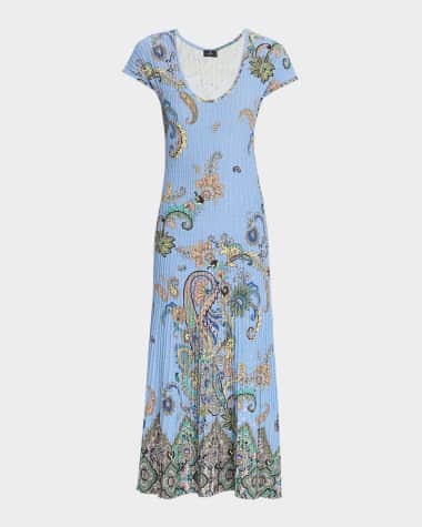 Etro Lucky Charm Print Scoop-Neck Rib Midi Dress