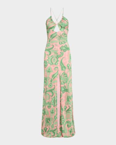 Etro Pink Macroflower Jersey Shirred Keyhole Gown