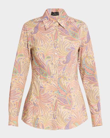 Etro Neutral Romantic Foliage Cotton Poplin Button-Front Blouse