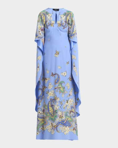 Etro Blue Lucky Charm-Print Silk Cape Gown