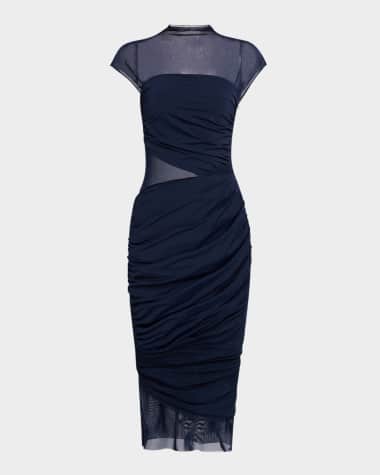 SER.O.YA Tabitha Ruched Mesh Midi Dress