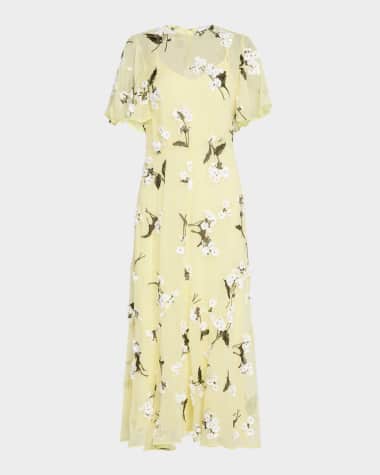 Erdem Floral Embroidered Flutter-Sleeve Midi Cocktail Dress