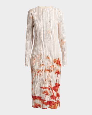 Erdem Floral-Print Plisse Silk Long-Sleeve Midi Dress