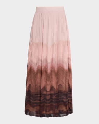 Eleventy Pleated Ombre-Print Midi Skirt